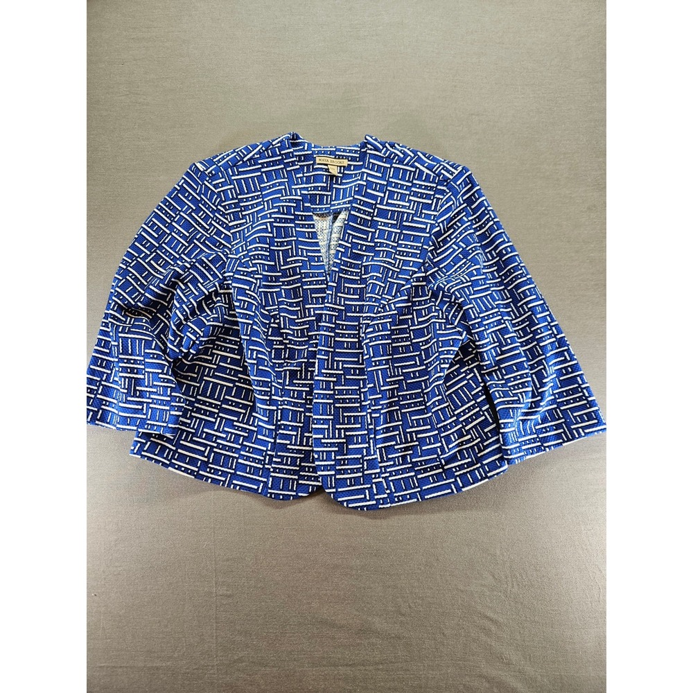 Maya Brooke Womens 20W Blue White Geometric Open Front Cropped Jacket Blazer